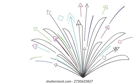 Una ilustración abstracta minimalista con flechas dinámicas y líneas geométricas que irradian hacia afuera desde un punto central, simbolizando el crecimiento, la dirección y el movimiento en un estilo visual contemporáneo