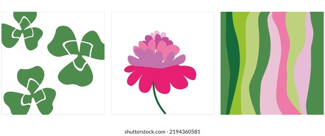 minimalistic abstract illustrations with clover, modern wall decor, bright posters with a natural pattern