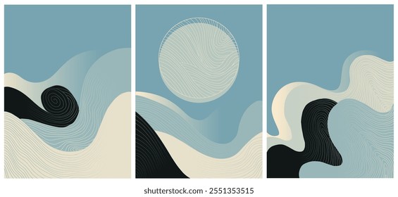 minimalistische abstrakte japanische Landschaft auf hellem Hintergrund in Pastellfarben	
