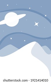 minimalistic abstract landscape. Mountains and starry sky, planet, space landscape. The universe. Galaxy. Vector illustration poster concept in blue and white colors.