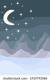 Minimalistic abstract landscape night sky star moon mountains vector