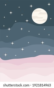 Minimalistic abstract landscape night sky star moon mountains vector