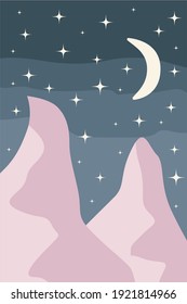 Minimalistic abstract landscape night sky star moon mountains vector