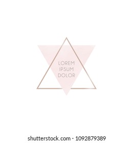 Minimalistic Abstract Logo From Pink And Gold Triangles. Gentle Pastel Colors Brush Strokes In Gold Triangular Frame. Abstract Composition.