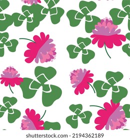 Minimalistic abstract pattern with clover leaves and flowers, seamless abstract illustration with clover