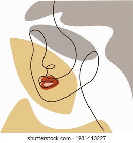 Minimalistic abstract portrait of one line art girl on white background. Line art portrait of a woman with an emphasis on bright lips. Continuous line. Vector illustration.
