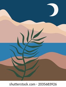 Afiche abstracto minimalista. Paisaje estilizado. Rama de palmas. Ilustración vectorial.