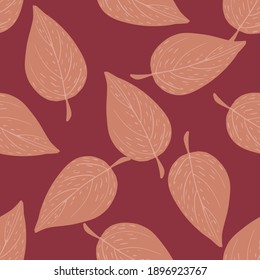 Minimalistic abstract seamless pattern with doodle leaf ornament. Maroon background. Flat vector print for textile, fabric, giftwrap, wallpapers. Endless illustration.