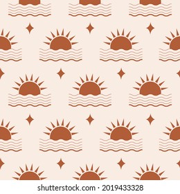 Minimalistic abstract seamless pattern with geometric sun and wave on pastel background. Bohemian pattern for wallpaper, textile, fabric, interior design. Modern vector illustration. Terracotta colors