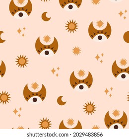 Patrón abstracto minimalista sin fisuras con estrellas geométricas, luna sobre fondo pastel. Patrón bohemio para papel pintado, textil, tela, diseño interior. Ilustración vectorial moderna.