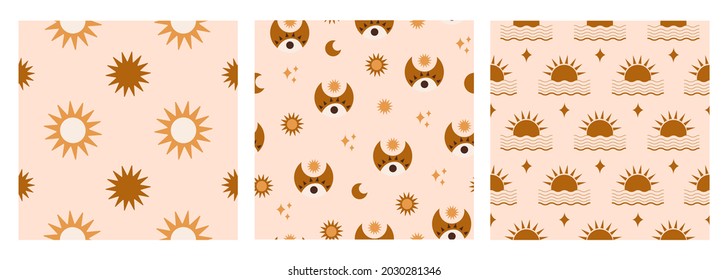 Minimalistic abstract seamless pattern with geometric stars, sun, waves on pastel background. Bohemian set patterns for wallpaper, textile, fabric, interior design. Modern vector illustration