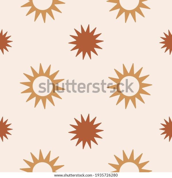 Minimalistic abstract seamless pattern with geometric stars on pastel background. Bohemian pattern for wallpaper, textile, fabric, interior design. Modern vector illustration. Terracotta colors
