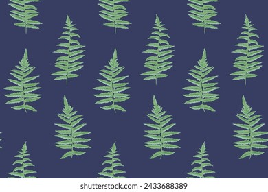 Minimalistic abstract seamless pattern with green shape leaves branches fern on a true blue background. Vector hand drawn sketch. Simple botanical printing with stylized artistic leaf stems. Collage 