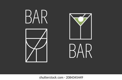 Minimalistic abstract set of logos for alcoholic bar, shop, restaurant. A glass for red wine and martini with the inscription "bar". Vector illustration symbol. Black background.