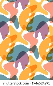 Minimalistic abstract shapes seamless pattern, freehand drawn transparent shapes in multicolor, rainbow palette, white background.