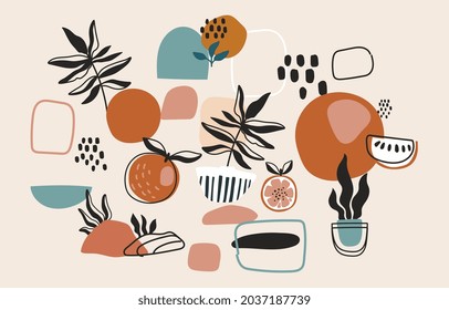 Minimalistic and abstract things. Set of items, smoothly flowing from one to another. Unusual pattern for printing on fabric. Modern wallpaper. Flat vector illustration isolated on beige background