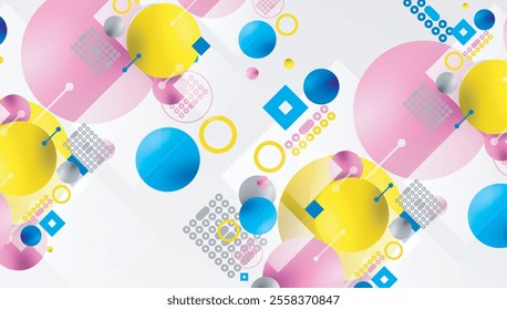 Minimalistic abstract vector design, layered geometric shapes circles, squares, and triangles with soft pastel gradients and semi-transparent effects. Perfect for contemporary use