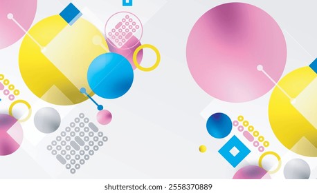 Minimalistic abstract vector design, layered geometric shapes circles, squares, and triangles with soft pastel gradients and semi-transparent effects. Perfect for contemporary use
