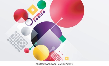 Minimalistic abstract vector design, layered geometric shapes circles, squares, and triangles with soft pastel gradients and semi-transparent effects. Perfect for contemporary use