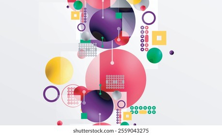 Minimalistic abstract vector design, layered geometric shapes circles, squares, and triangles with soft pastel gradients and semi-transparent effects. Perfect for contemporary use