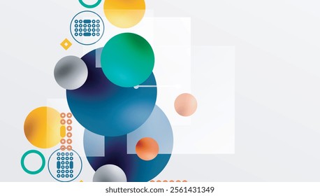 Minimalistic abstract vector design, layered geometric shapes circles, squares, and triangles with soft pastel gradients and semi-transparent effects. Perfect for contemporary use