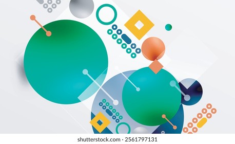 Minimalistic abstract vector design, layered geometric shapes circles, squares, and triangles with soft pastel gradients and semi-transparent effects. Perfect for contemporary use