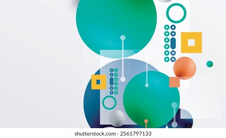 Minimalistic abstract vector design, layered geometric shapes circles, squares, and triangles with soft pastel gradients and semi-transparent effects. Perfect for contemporary use