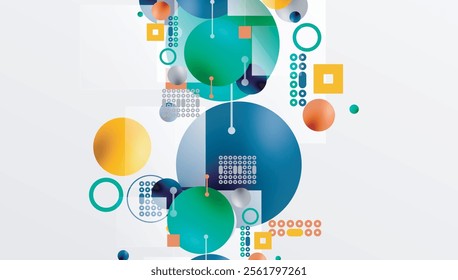 Minimalistic abstract vector design, layered geometric shapes circles, squares, and triangles with soft pastel gradients and semi-transparent effects. Perfect for contemporary use