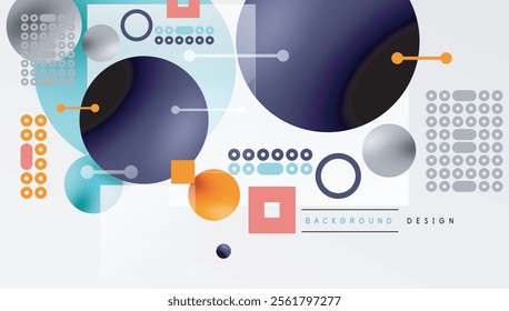 Minimalistic abstract vector design, layered geometric shapes circles, squares, and triangles with soft pastel gradients and semi-transparent effects. Perfect for contemporary use