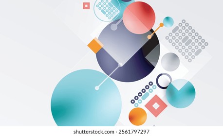 Minimalistic abstract vector design, layered geometric shapes circles, squares, and triangles with soft pastel gradients and semi-transparent effects. Perfect for contemporary use