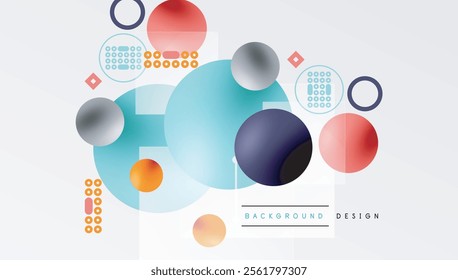 Minimalistic abstract vector design, layered geometric shapes circles, squares, and triangles with soft pastel gradients and semi-transparent effects. Perfect for contemporary use