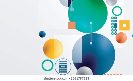 Minimalistic abstract vector design, layered geometric shapes circles, squares, and triangles with soft pastel gradients and semi-transparent effects. Perfect for contemporary use