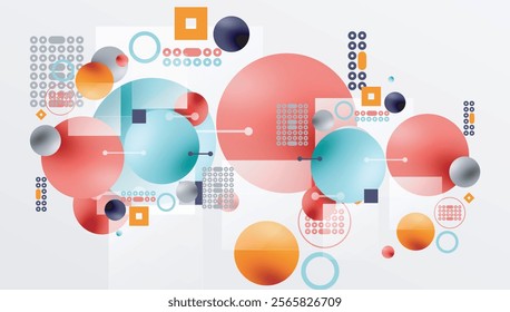 Minimalistic abstract vector design, layered geometric shapes circles, squares, and triangles with soft pastel gradients and semi-transparent effects. Perfect for contemporary use