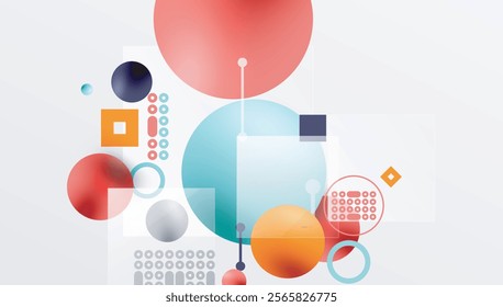 Minimalistic abstract vector design, layered geometric shapes circles, squares, and triangles with soft pastel gradients and semi-transparent effects. Perfect for contemporary use
