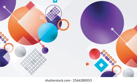 Minimalistic abstract vector design, layered geometric shapes circles, squares, and triangles with soft pastel gradients and semi-transparent effects. Perfect for contemporary use