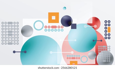 Minimalistic abstract vector design, layered geometric shapes circles, squares, and triangles with soft pastel gradients and semi-transparent effects. Perfect for contemporary use