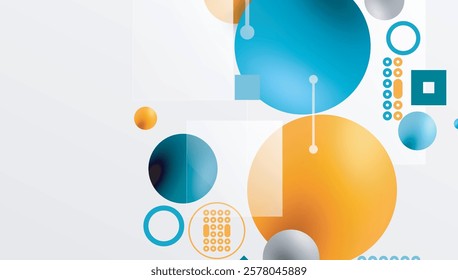 Minimalistic abstract vector design, layered geometric shapes circles, squares, and triangles with soft pastel gradients and semi-transparent effects. Perfect for contemporary use