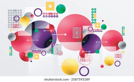 Minimalistic abstract vector design, layered geometric shapes circles, squares, and triangles with soft pastel gradients and semi-transparent effects. Perfect for contemporary use