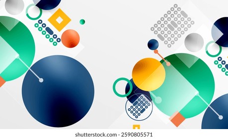 Minimalistic abstract vector design, layered geometric shapes circles, squares, and triangles with soft pastel gradients and semi-transparent effects. Perfect for contemporary use