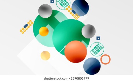 Minimalistic abstract vector design, layered geometric shapes circles, squares, and triangles with soft pastel gradients and semi-transparent effects. Perfect for contemporary use