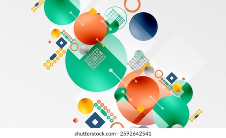 Minimalistic abstract vector design, layered geometric shapes circles, squares, and triangles with soft pastel gradients and semi-transparent effects. Perfect for contemporary use