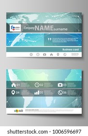The minimalistic abstract vector illustration of the editable layout of two creative business cards design templates. Chemistry pattern, molecule structure, geometric design background