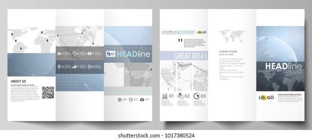 The minimalistic abstract vector illustration of the editable layout of two creative tri-fold brochure covers design business templates. World globe on blue. Global network connections, lines and dots