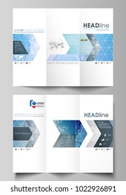 The minimalistic abstract vector illustration of editable layout of two creative tri-fold brochure covers design business templates. World map on blue, geometric technology design, polygonal texture.