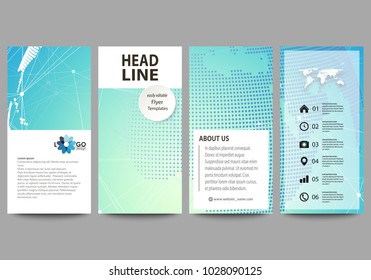 The minimalistic abstract vector illustration of editable layout of four modern vertical banners, flyers design business templates. Chemistry pattern, molecule structure, geometric design background.