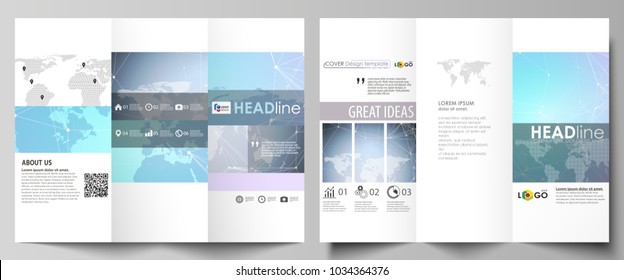 The minimalistic abstract vector illustration of editable layout of two creative tri-fold brochure covers design business templates. Polygonal texture. Global connections, futuristic geometric concept