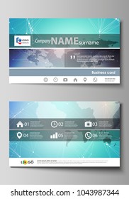 The minimalistic abstract vector illustration of the editable layout of two creative business cards design templates. Molecule structure, connecting lines and dots. Technology concept.