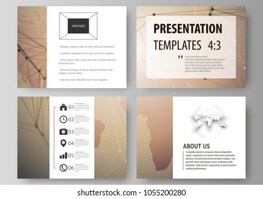 The minimalistic abstract vector illustration of the editable layout of the presentation slides design business templates. Global network connections, technology background with world map.