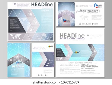 The minimalistic abstract vector illustration of editable layout of modern social media post design templates in popular formats. Polygonal texture. Global connections, futuristic geometric concept.