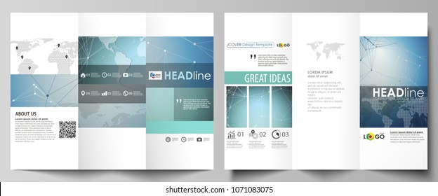 The minimalistic abstract vector illustration of the editable layout of two creative tri-fold brochure covers design business templates. Chemistry pattern, connecting lines and dots. Medical concept.